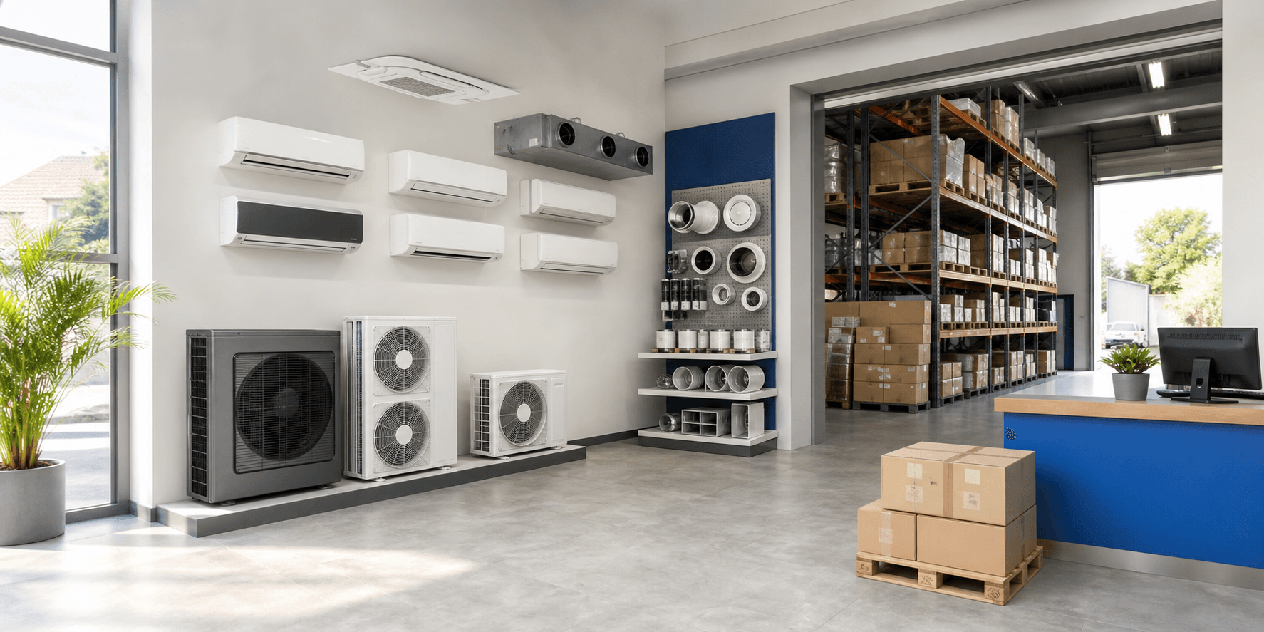 Moderný HVAC showroom so skladom a klimatizačnou technikou